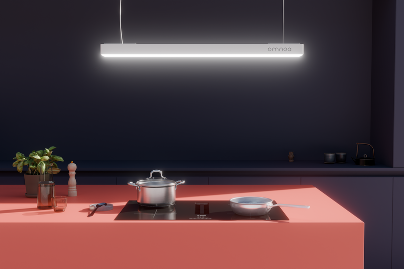 Automated cooktop heat regulation Modern kitchen stovetop with two pots, one steaming with vegetables and another closed, under a sleek hanging kitchen hood labeled Omnoa.